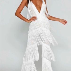 Meshki white fringe jumpsuit